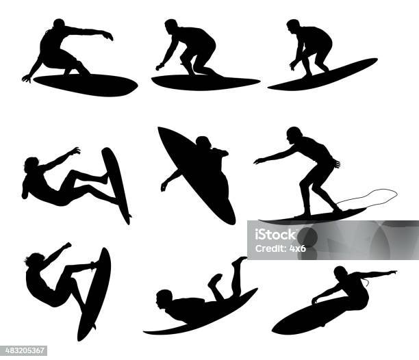 Awesome Male Surfers Surfing Stock Illustration - Download Image Now - Surfing, In Silhouette, Vector