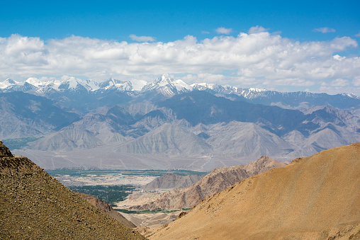 Ladakh is a region of India in the state of Jammu and Kashmir that currently extends from the Kuen Lun mountain range to the main Great Himalayas to the south, inhabited by people of Indo-Aryan and Tibetan descent.