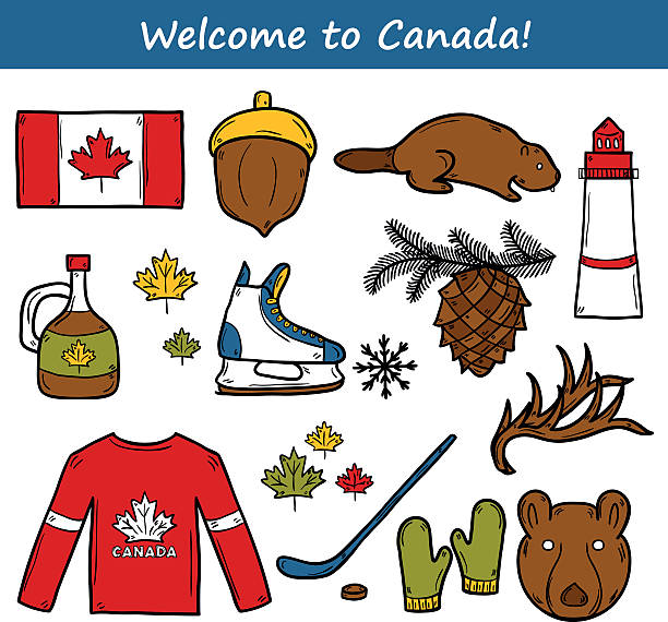 ilustrações, clipart, desenhos animados e ícones de conjunto de mão desenhada dos objetos no canadá tema: maple - canadian flag canada flag maple leaf