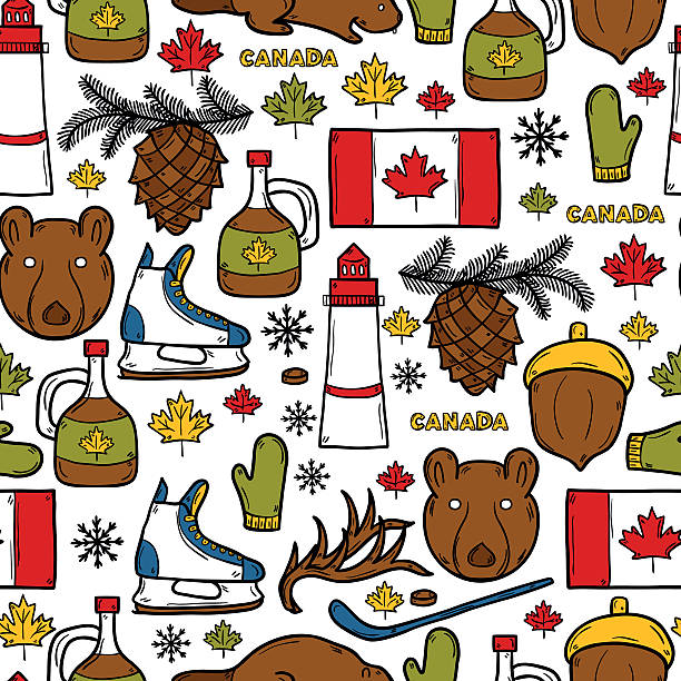 ilustrações de stock, clip art, desenhos animados e ícones de fundo sem costura com fogo de mão desenhar objectos tema no canadá - flag canada canadian flag maple leaf