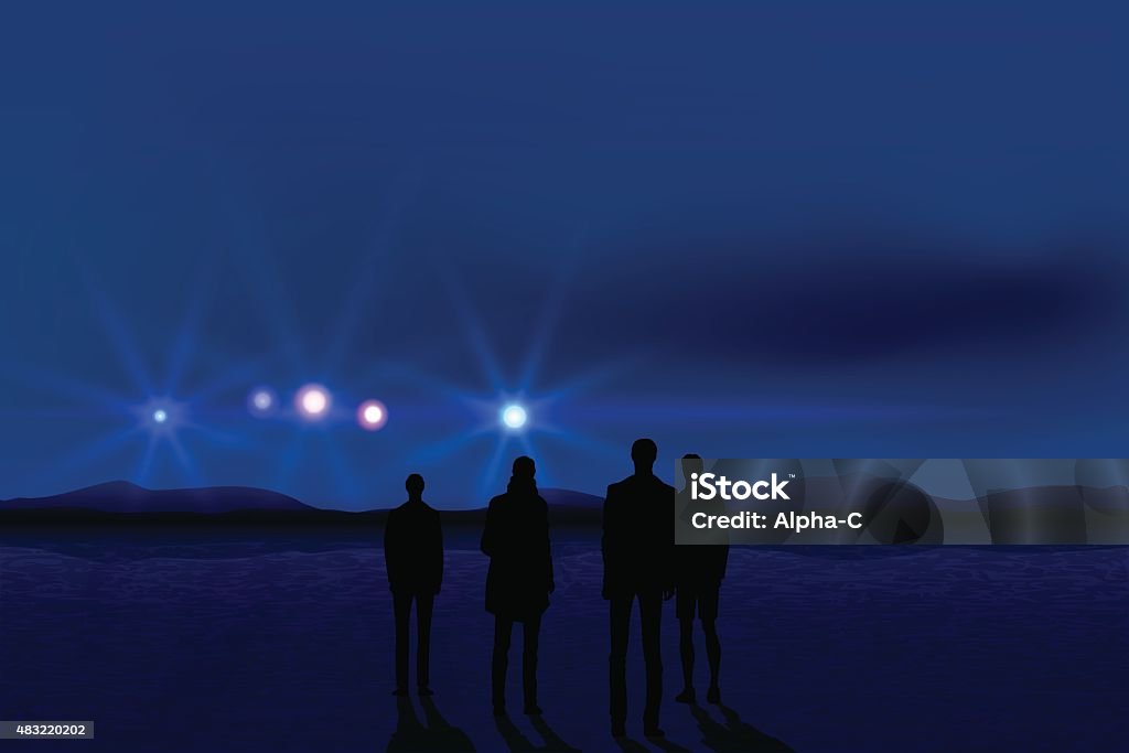 People and UFO Group of men seeing UFO in the dark sky 2015 stock vector