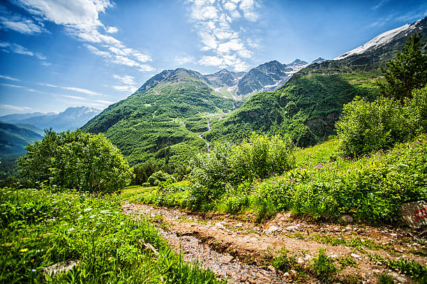 Big Caucasus Mountains. path on mount Cheget stock photo