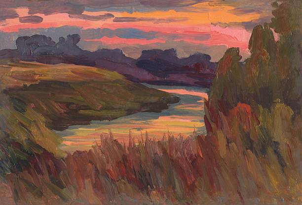 istock Sunset on the river. Summer landscape. Oil painting 483224198