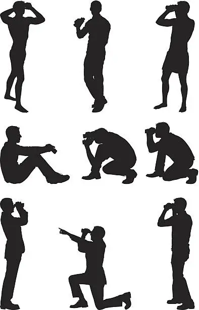 Vector illustration of Different men silhouettes looking through binoculars