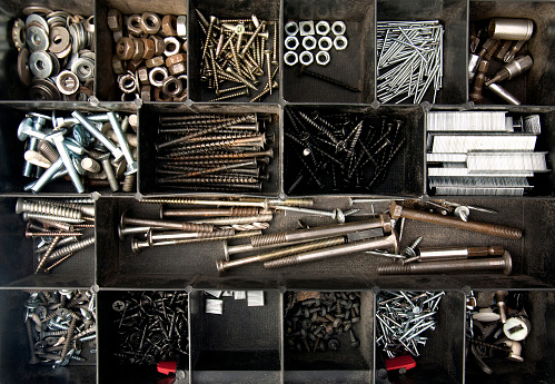 Objects; Organized nails, bolts and screws