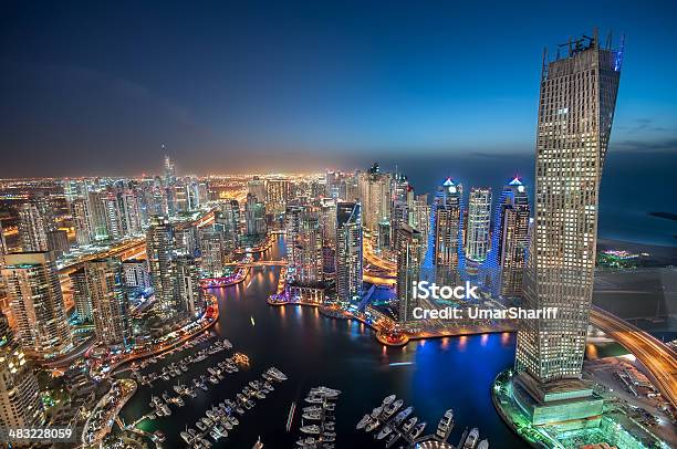 Dubai Marina Tallest Skyscrapers During Blue Hour Stock Photo - Download Image Now - Apartment, Blue, Blue Hour - Twilight