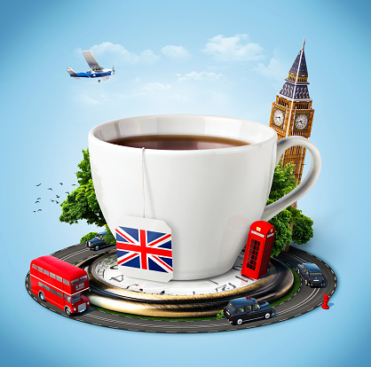 Traditional afternoon tea and famous symbols of England. Tourism