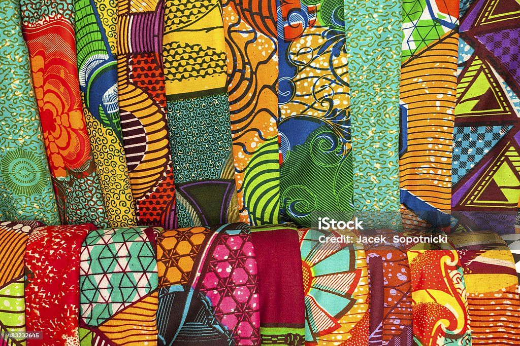 African fabrics from Ghana, West Africa African traditional fabrics in a shop in Ghana, West Africa Textile Stock Photo
