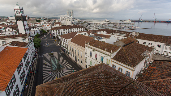 Ponta Delgada, Portugal - June 15, 2015: Top view of center of Ponta Delgada. City is located on Sao Miguel Island (232.99 km2) Region capital under the revised constitution of 1976.