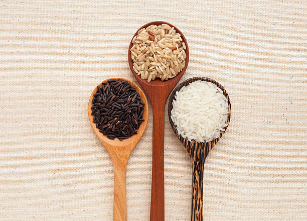 istock Raw rice in wooden spoon 483237598