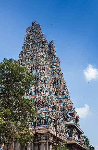 Colorful tower of Meenakshi Amman Temple Colorful tower of Meenakshi Amman Temple in India menakshi stock pictures, royalty-free photos & images