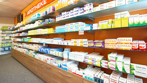 istock View on full shelves of a pharmacy 483240654