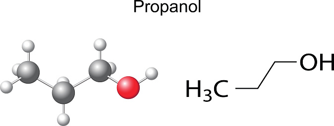 Structural chemical formula of propanol (1-propanol) molecule, 2d and 3d illustration, isolated on white background, vector, eps 8