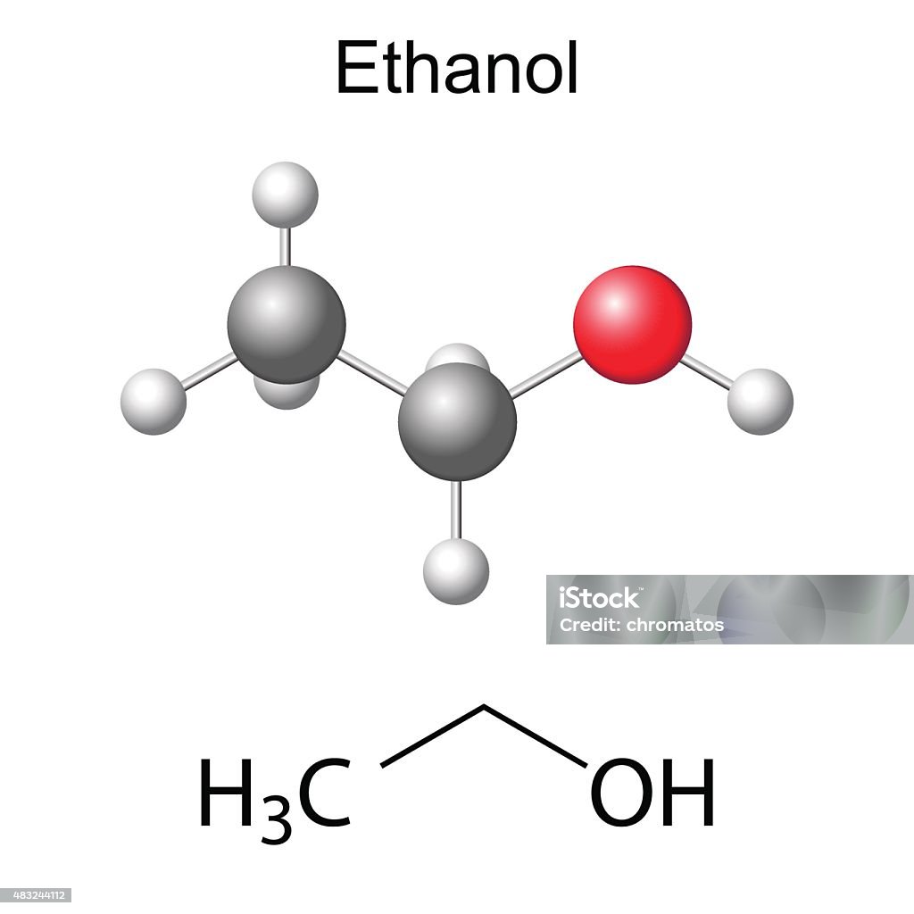 Structural chemical formula and model of ethanol molecule Structural chemical formula and model of ethanol molecule, 2d and 3d illustration, isolated, vector, eps 8 Ethanol stock vector