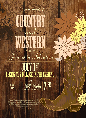 Vector Illustration of Rustic Country and western invitation design template with boot and flowers. Sample text design. Easy layers for customizing. Use for garden party invitations, outdoor weddings, receptions. Barn party, ambience, country setting, night time setting, string lights, night buffet, tables, chairs, white linen.  Music, string quartet, dancing, dance floor. Glowing and fancy.