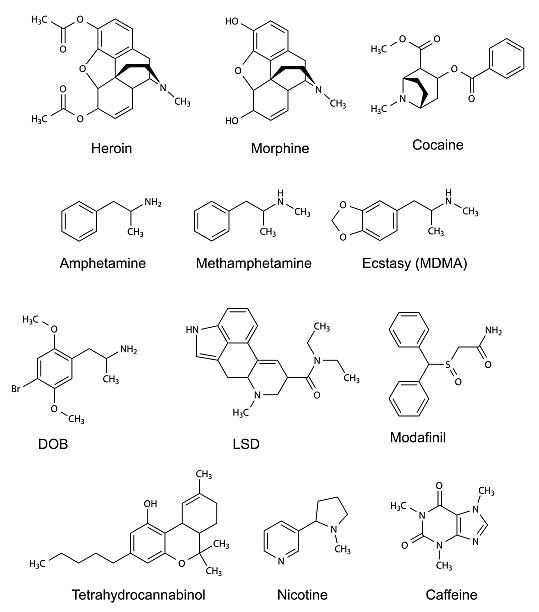 illustrazioni stock, clip art, cartoni animati e icone di tendenza di formule chimiche strutturali di alcuni farmaci - anfetamine