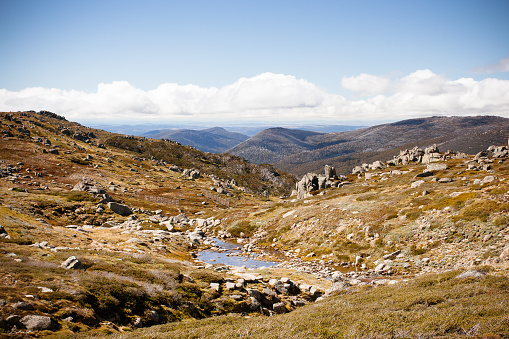 A spectacular view across the valleys on the Kosciuszko walk near the summit of Thredo in Snowy Mountains, New South Wales, Australia