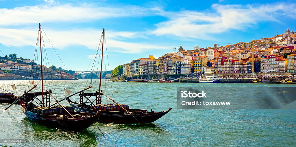 Porto ols city Porto, Portugal old town skyline on the Douro River with rabelo boats 2015 Stock Photo