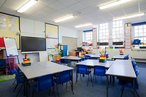 Empty Classroom A horizontal image of an empty primary school classroom. The setting is typically British. primary school stock pictures, royalty-free photos & images