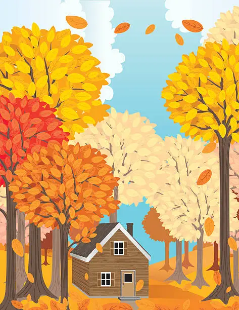 Vector illustration of Wood Cabin In A Big Forest In Autumn.