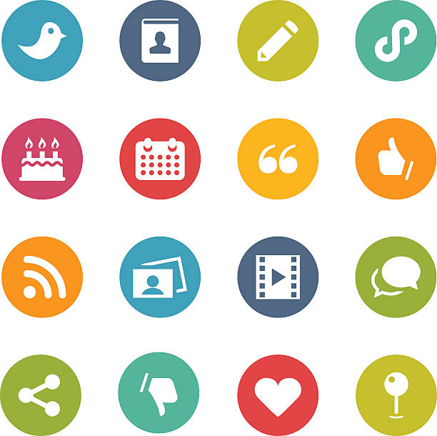 Illustration of colorful social media symbols Sixteen social media icons set on a white background.  The icons are all circles of the same size in different colors that include turquoise, pink, orange, green, purple and red.  There are four circles in each row and four rows in total.  The first row features a bird, a photograph, a pencil and a chain.  The second row features a birthday cake, a calendar, quotation marks and a thumbs up.  The third row features two photos, a chat bubble, a connection symbol and a camera film.  The last row features a vector, thumbs down a heart and an icon of a large circle on top of a pole. rss feeds stock illustrations