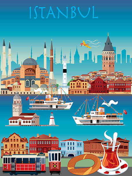 illustrazioni stock, clip art, cartoni animati e icone di tendenza di poster di istanbul - cable car illustrations