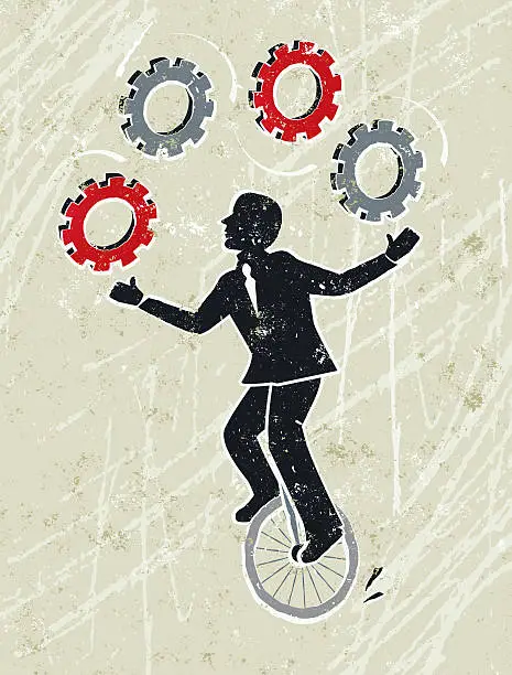 Vector illustration of Business Man Juggling Cog Wheel Gears Whilst Riding a Unicycle