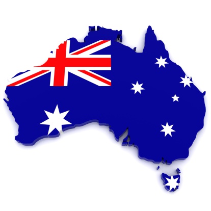 International border of Australia textured with Australian flag on white background. Horizontal composition with clipping path.
