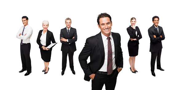 Latin American business people standing together isolated over white background