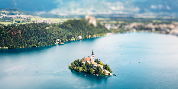 The most famous Slovenian tourist attraction, Lake Bled (Slovenia). Panoramic view from above.