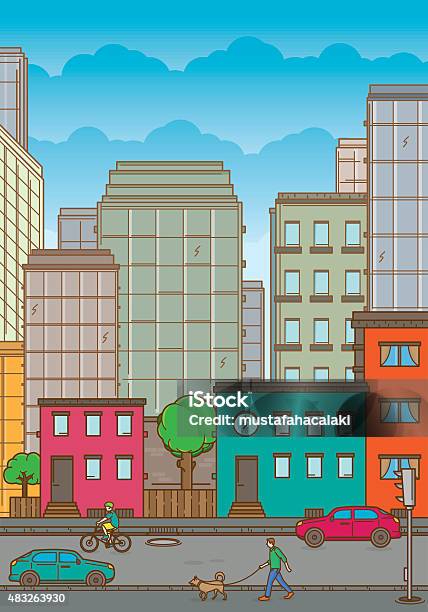 Colourful Cityscape With Neighbourhood And People Stock Illustration - Download Image Now - City Street, Sparse, House