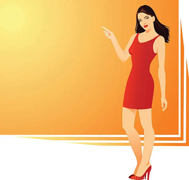 Vector illustration of Young Beautiful Woman Pointing at Display Board
