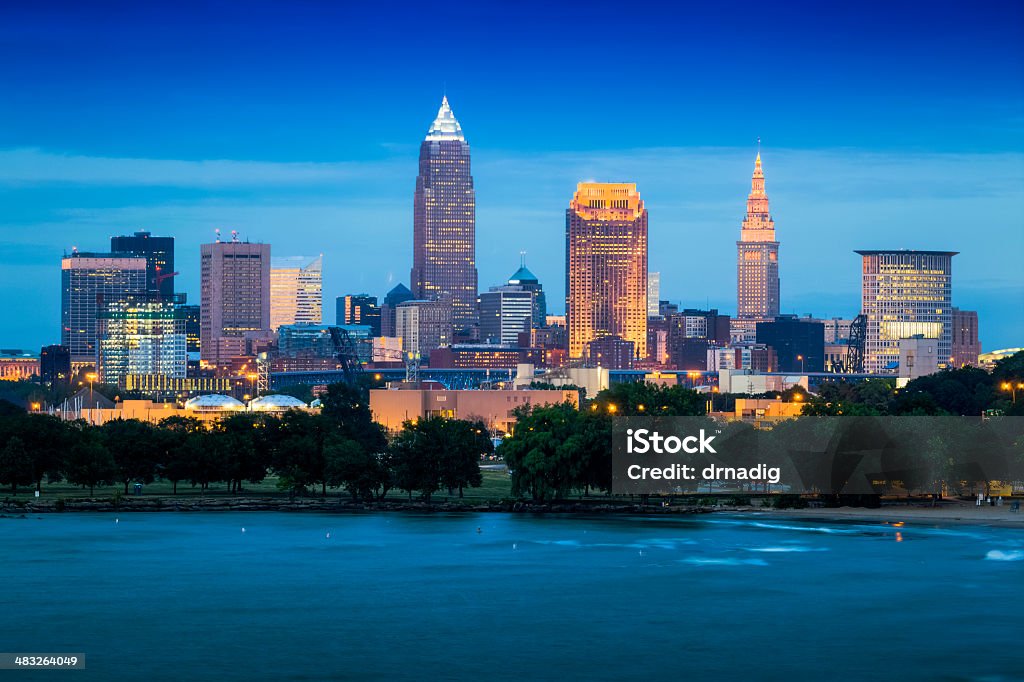 Cleveland and the Lake Erie Shore at Night Cleveland and the Lake Erie Shore. Cleveland - Ohio Stock Photo