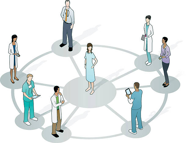 Doctors on wheel network with patient at center An illustration of doctors encircling a patient on a wheel-shaped network.  The patient is standing on a large gray circle.  Lines extend from the gray circle toward each doctor.  Each doctor is standing on a small gray circle.  The patient is a woman with long, dark hair.  She is wearing a blue gown.  Each doctor is wearing a different outfit.  Two are wearing scrubs, three are wearing lab coats, and two are in street dress.  There is a total of seven doctors.  Three of them are women and four of them are men.  Most of the doctors are looking at the patient. midsection stock illustrations