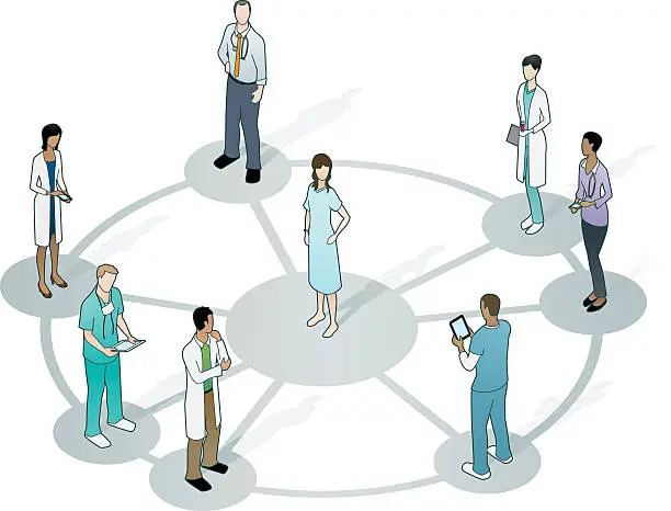 Vector illustration of Doctors on wheel network with patient at center