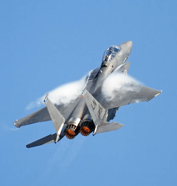 Flying F-15 Moscow, Russia - August, 19 2011: McDonnell Douglas F-15 Eagle flying at MAKS airshow supersonic airplane editorial airplane air vehicle stock pictures, royalty-free photos & images