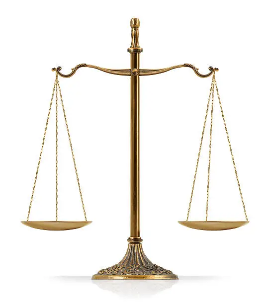 "Scales of Justice" in balance and isolated on white background.