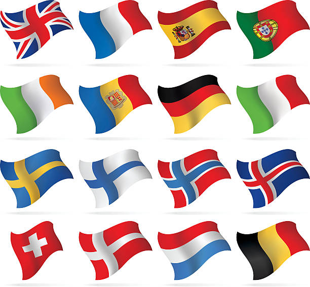 flying flags - western and nothern europe - spain switzerland stock illustrations