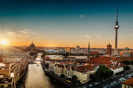 panorama view on sunset over berlin with television tower and  cathedral