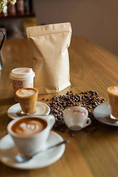 istock Coffee such as a cappuccino cup, seed and coffee package. 483274636