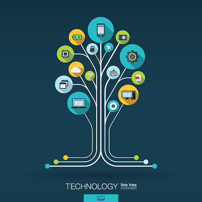 Abstract technology background with lines, connected circles, integrated flat icons. Growth tree (circuit) concept with technology, cloud computing and router icons. Vector interactive illustration.