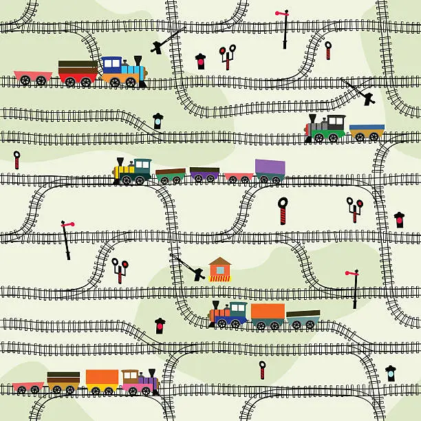 Vector illustration of Funny kids seamless pattern railway with locomotives, wagons, semaphores. turnpikes.