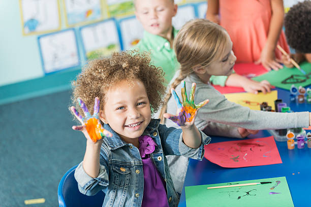 Little girl in kindergarten class doing art project A cute little girl in art class in preschool or kindergarten.  She is sitting at a table with other children painting pictures.  She is looking at the camera, smiling, holding up her hands covered in paint. preschool building stock pictures, royalty-free photos & images