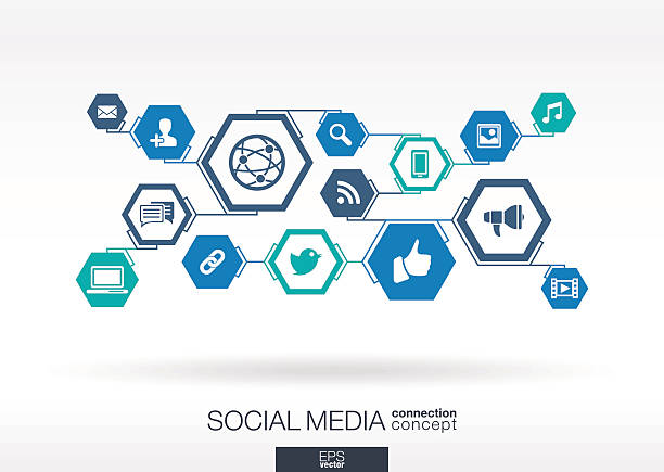 Social media network. Hexagon abstract background with lines, polygons, icons. Social media network. Hexagon abstract background with lines, polygons, and integrate flat icons. Connected symbols for digital, market, connect, communicate, global concepts. Vector illustration computer computer icon friendship sign stock illustrations