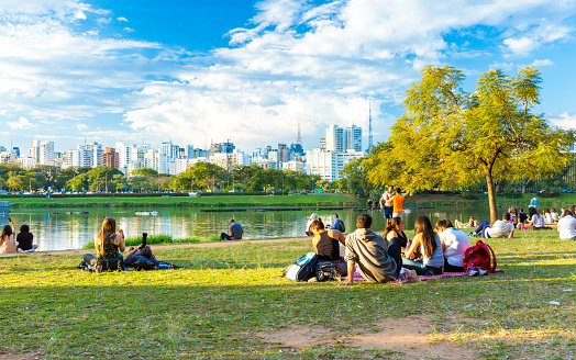 Sao Paulo, Brazil - August 3, 2014: People enjoying a beautiful day in Ibirapuera Park in Sao Paulo, Brazil