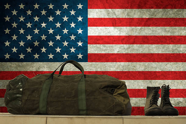 faded American flag , Military footwear, military kitbag
