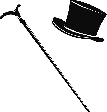 A vector illustration of a traditional top hat and cane formal wear.
