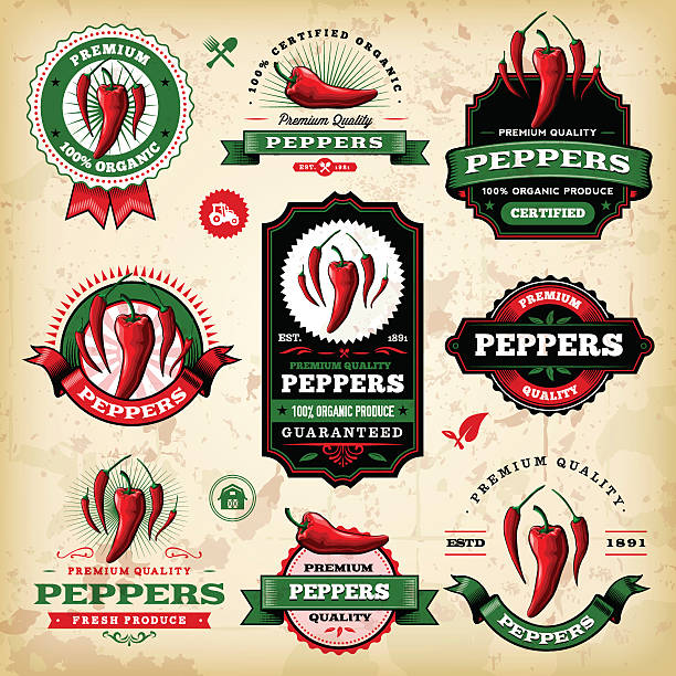 illustrazioni stock, clip art, cartoni animati e icone di tendenza di peperoni etichette vintage - red hot