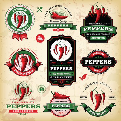 A collection of vintage styled pepper/chilli labels. EPS 10 file, layered & grouped, with meshes and transparencies (shadows & overall effects only).