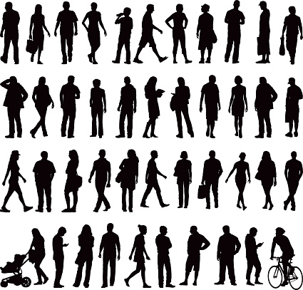Various silhouettes of everyday people in the city. Running, shopping, walking, jogging, pushing pushchairs and cycling.